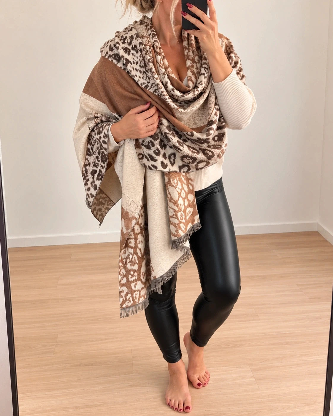 Muster beige brown shawl leopard pattern soft polyester with decorative fringes.