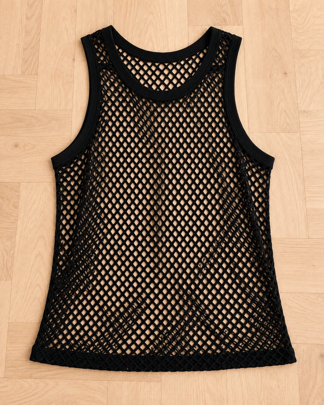 ALS black mesh tank top with round neckline and transparent pattern.