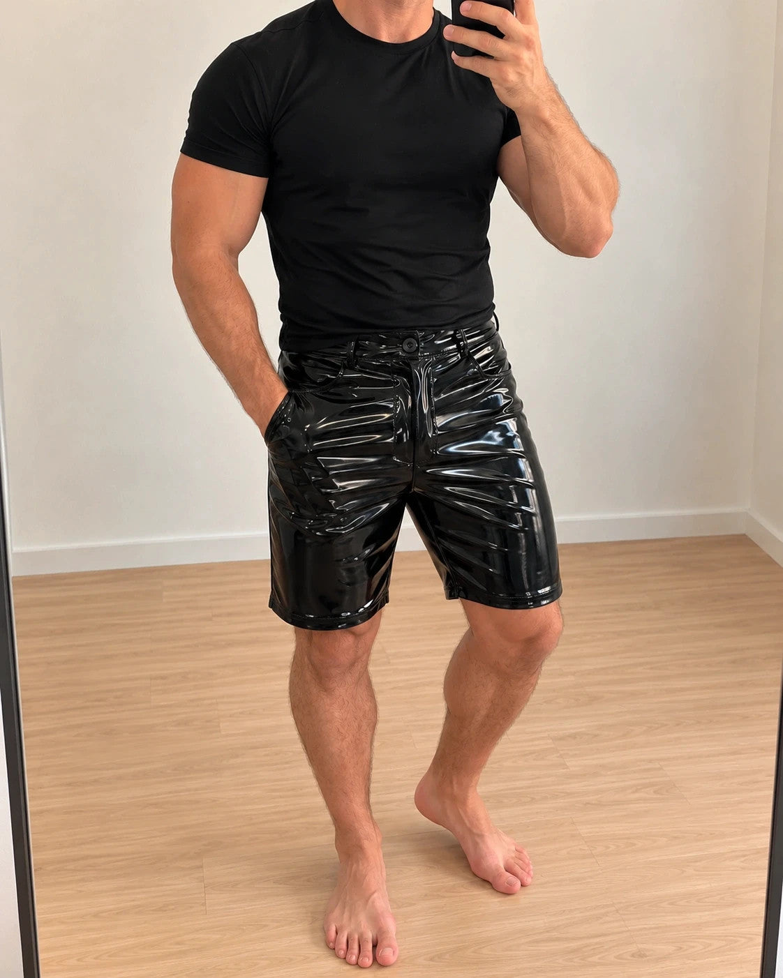 XXL black Bermuda shorts shiny wetlook finish with pockets and belt loops