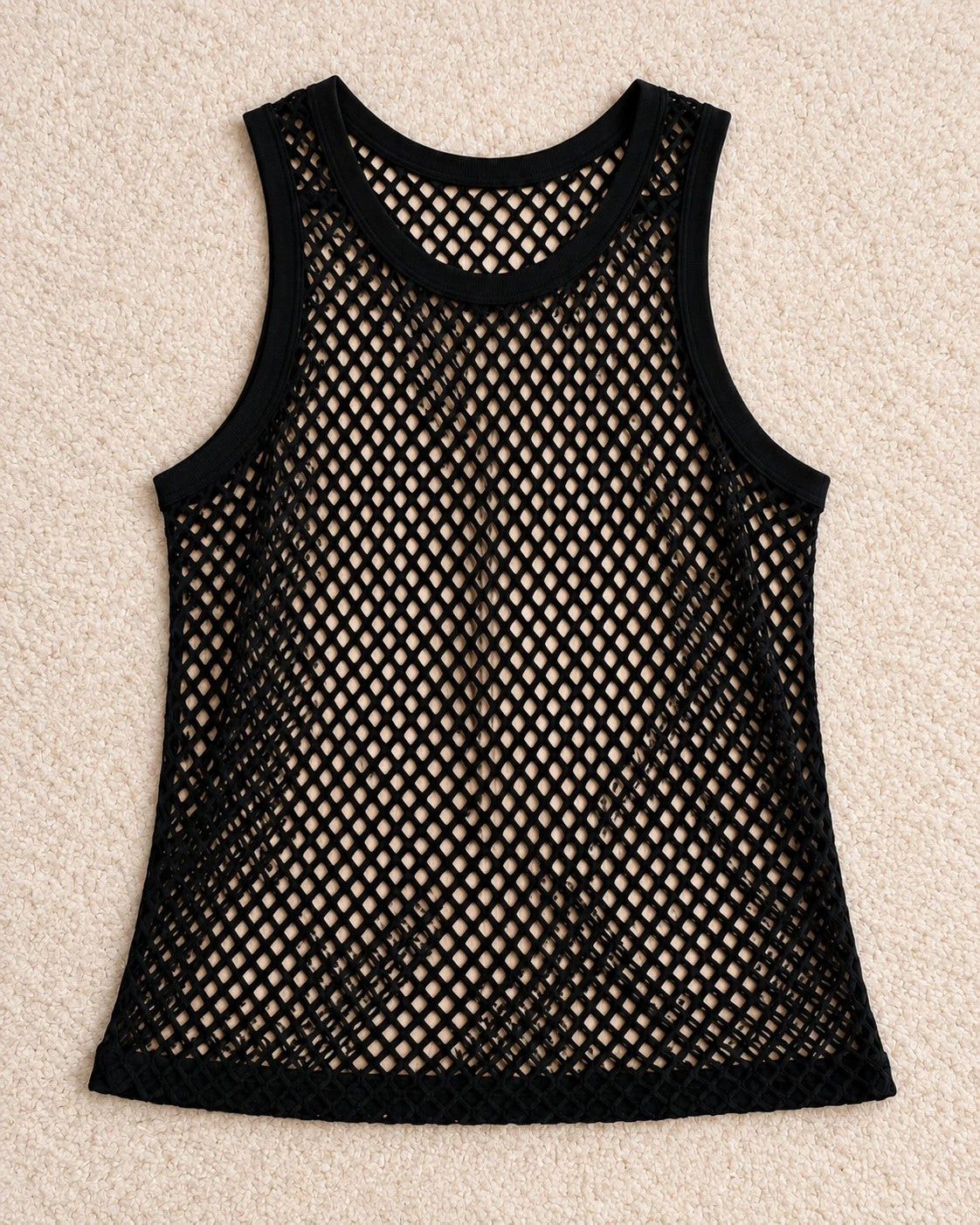 Stoff black tank top sleeveless mesh fabric with open hole pattern and round neckline.