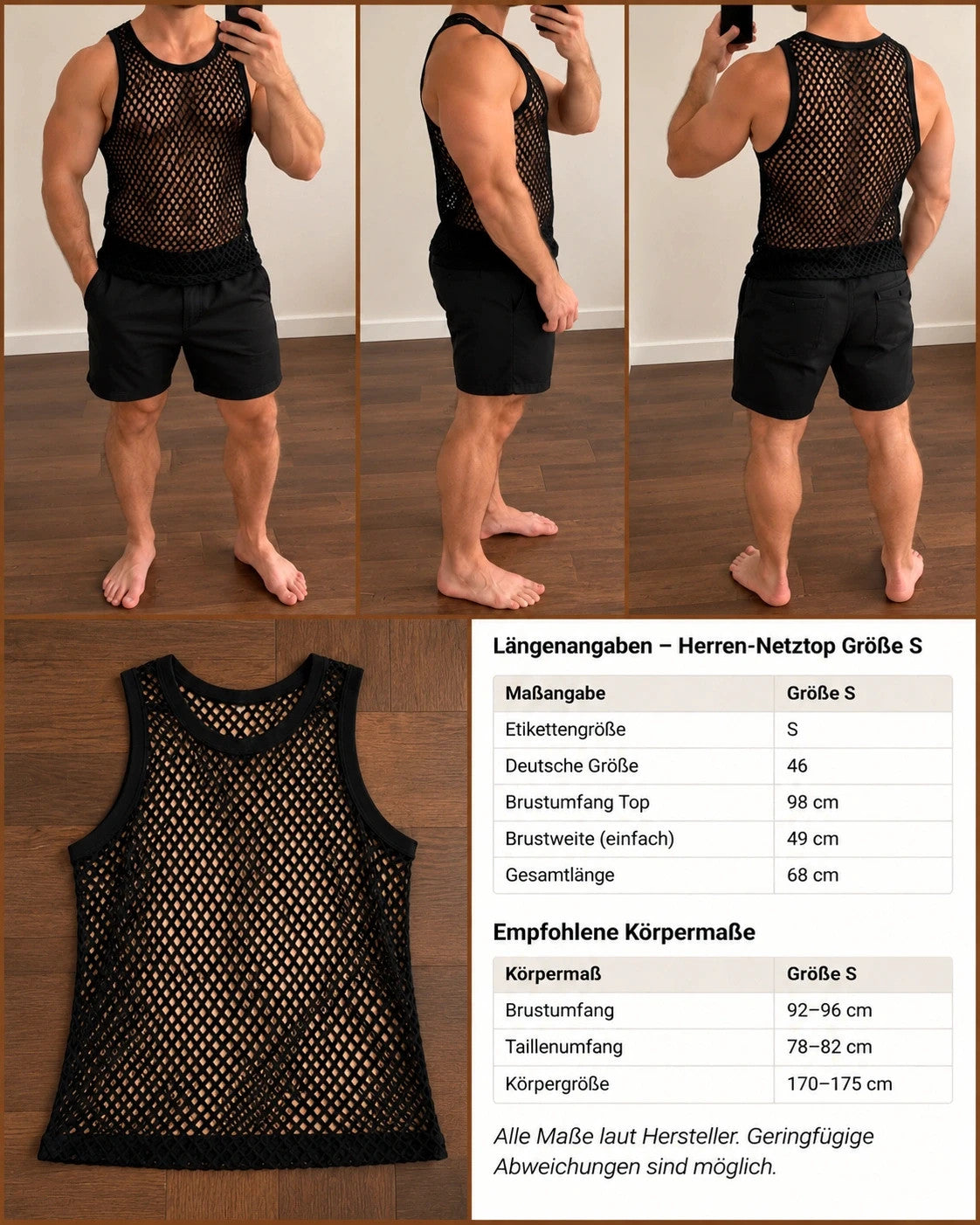 Stoff black tank top sleeveless mesh fabric with open hole pattern and round neckline.