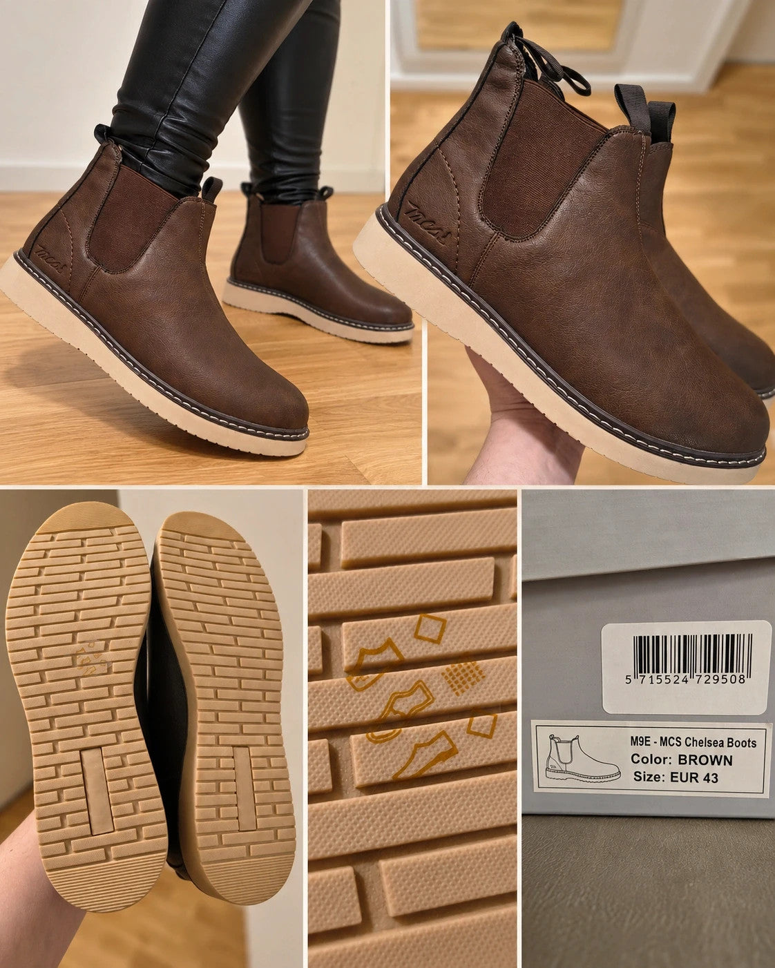 MCS brown winter boots size 43 with elastic side panels and cream-colored sole.