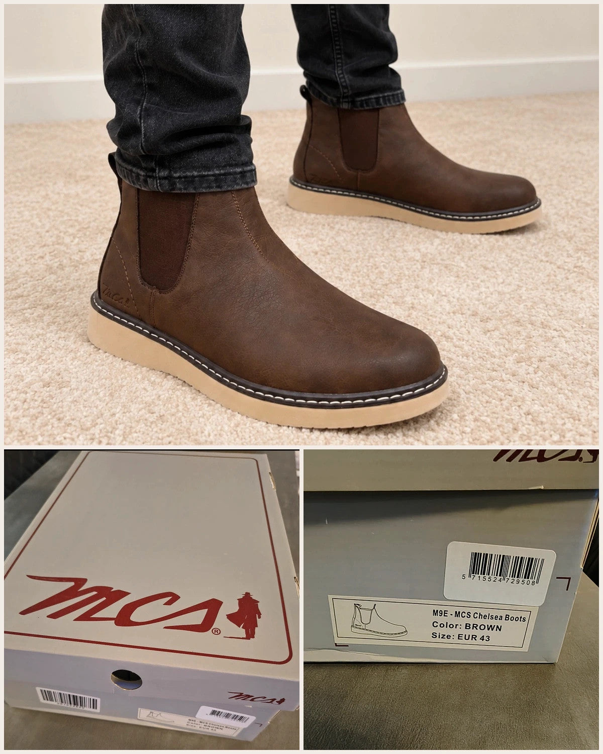 MCS brown winter boots size 43 with elastic side panels and cream-colored sole.