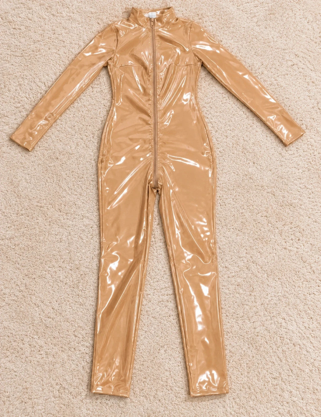 beige jumpsuit beige camel long-sleeve fitted design with standing collar and stretch fabric