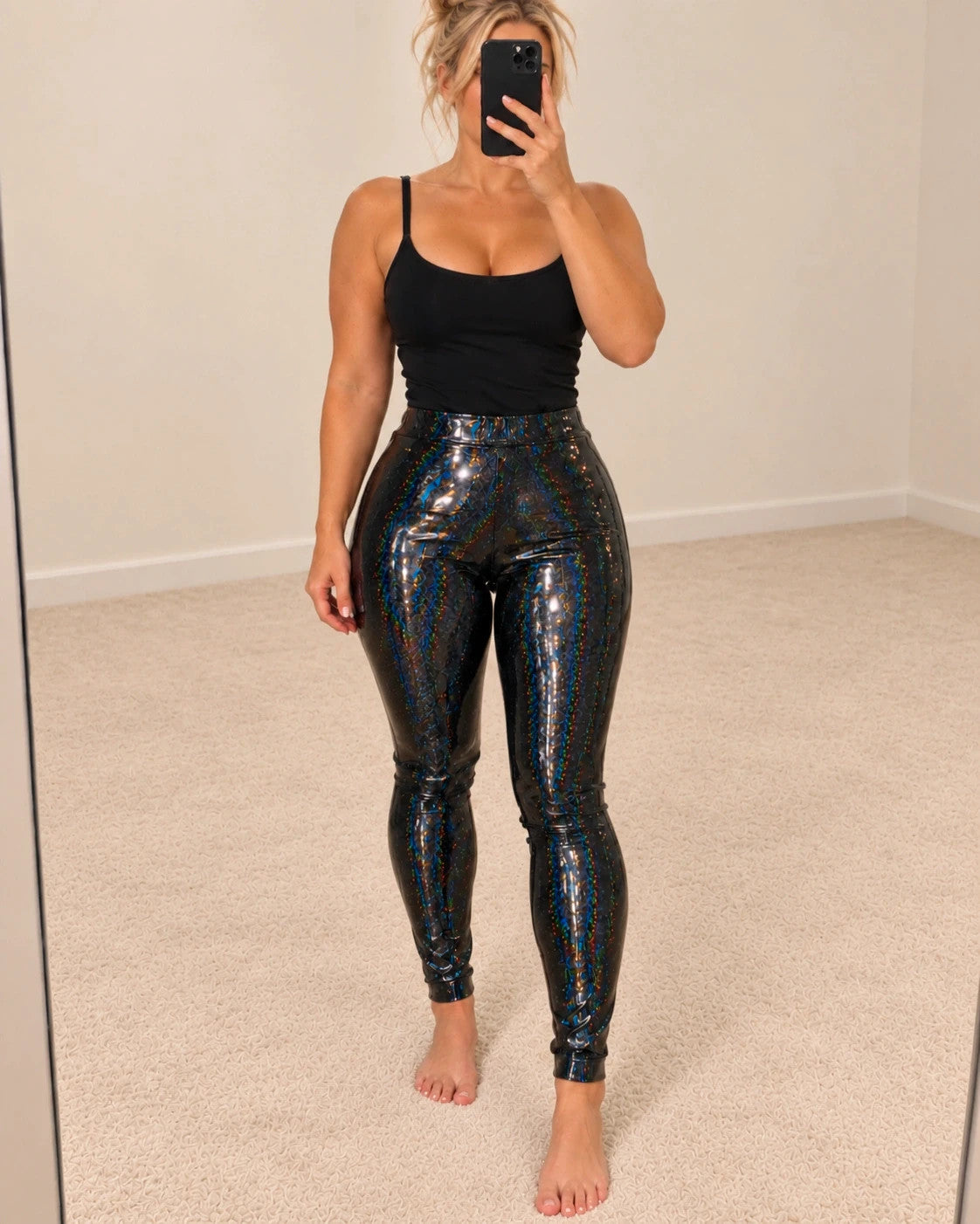 SheIn black bicycle tights with croco pattern and holographic rainbow effect.