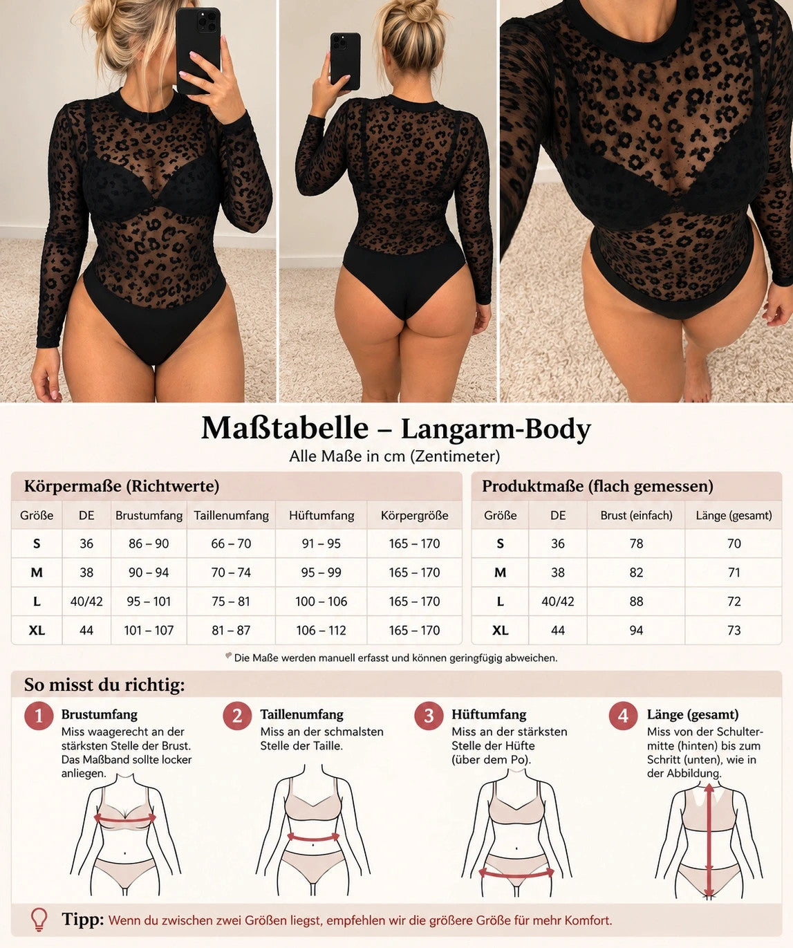 Black long-sleeve bodysuit with transparent mesh and leopard print pattern.
