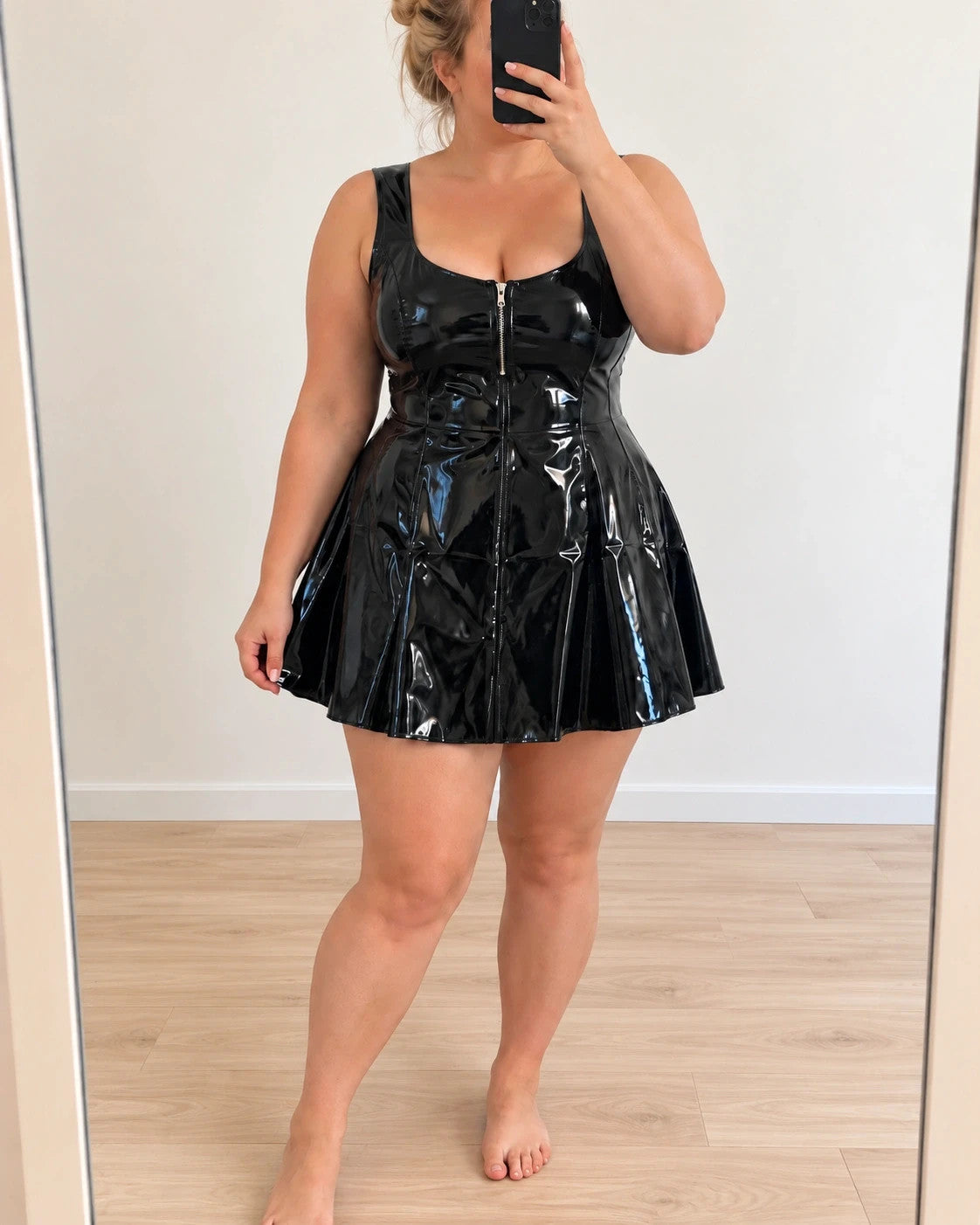 Nes black bandage dress glossy wetlook finish sleeveless deep neckline A-line skirt