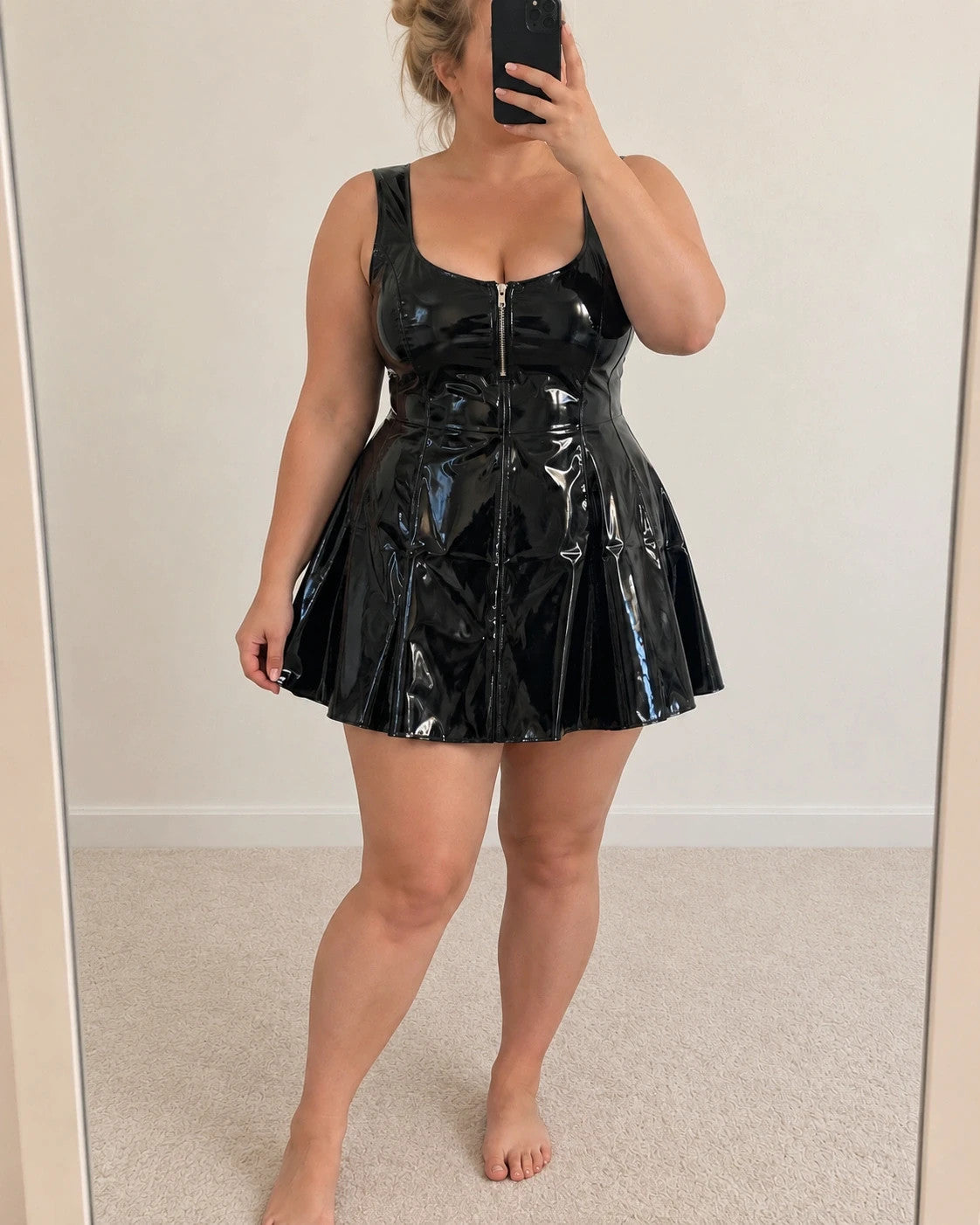 Nes black bandage dress glossy wetlook finish sleeveless deep neckline A-line skirt