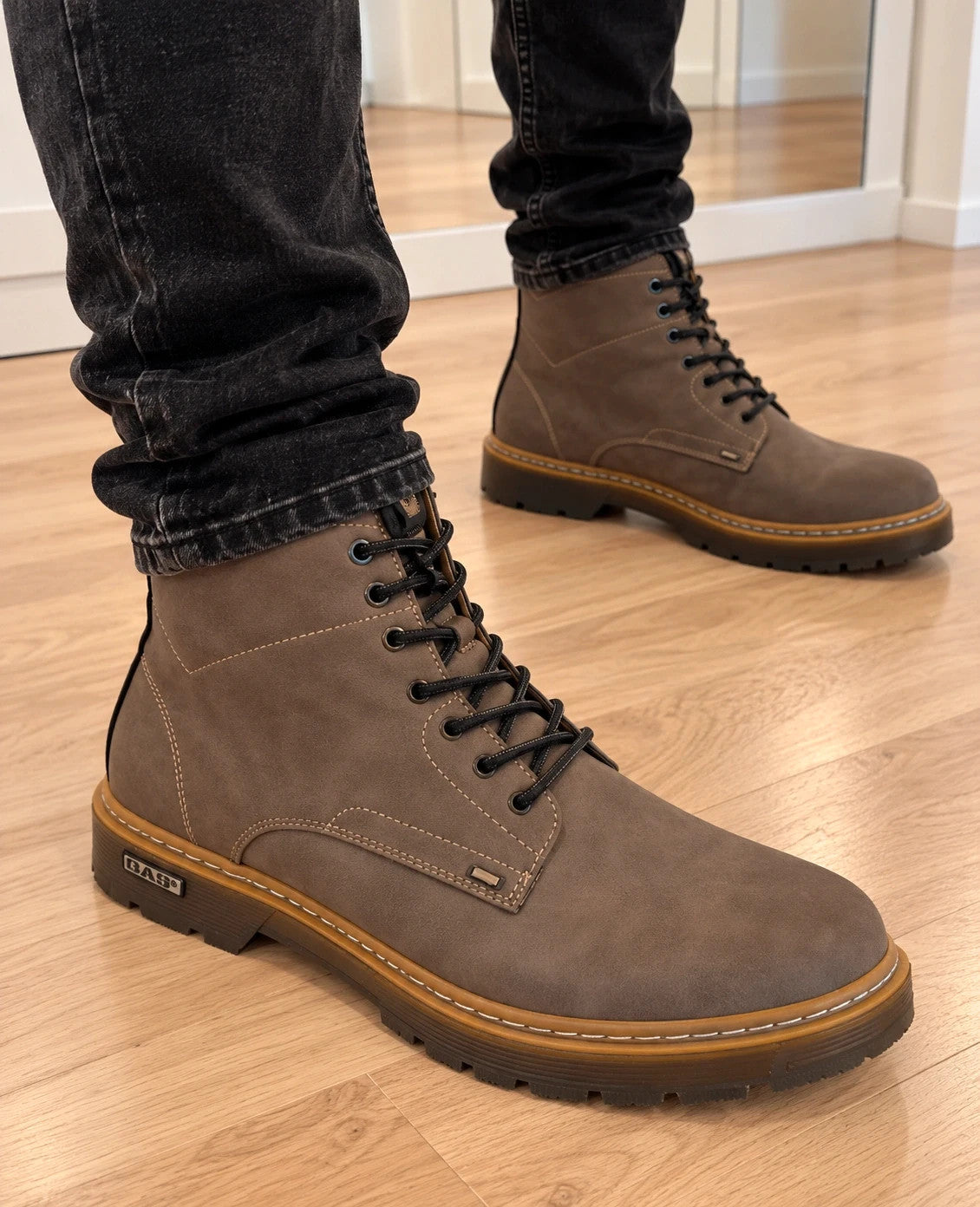 GAS grey desert boots with black laces, textured surface, and contrasting stitching details.