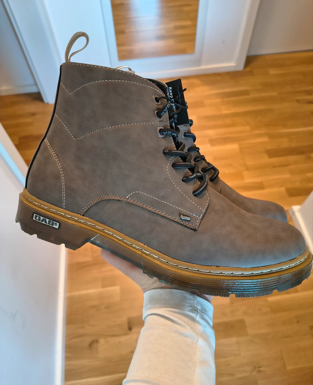GAS grey desert boots with black laces, textured surface, and contrasting stitching details.