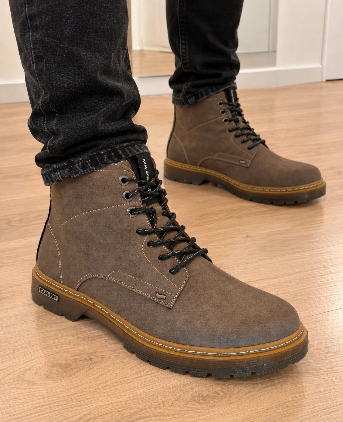 GAS grey desert boots with black laces, textured surface, and contrasting stitching details.
