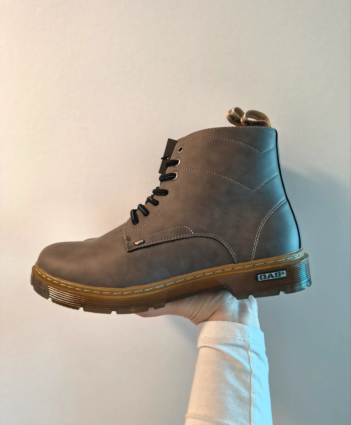 GAS grey desert boots with black laces, textured surface, and contrasting stitching details.