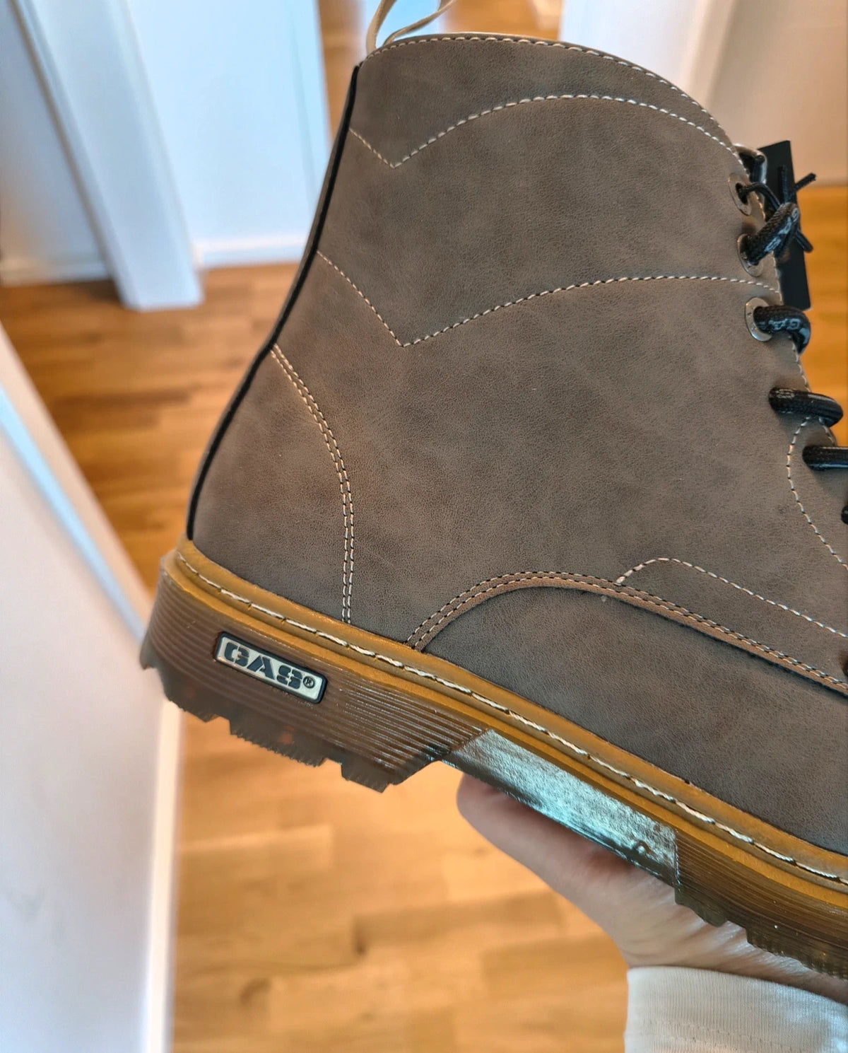 GAS grey desert boots with black laces, textured surface, and contrasting stitching details.