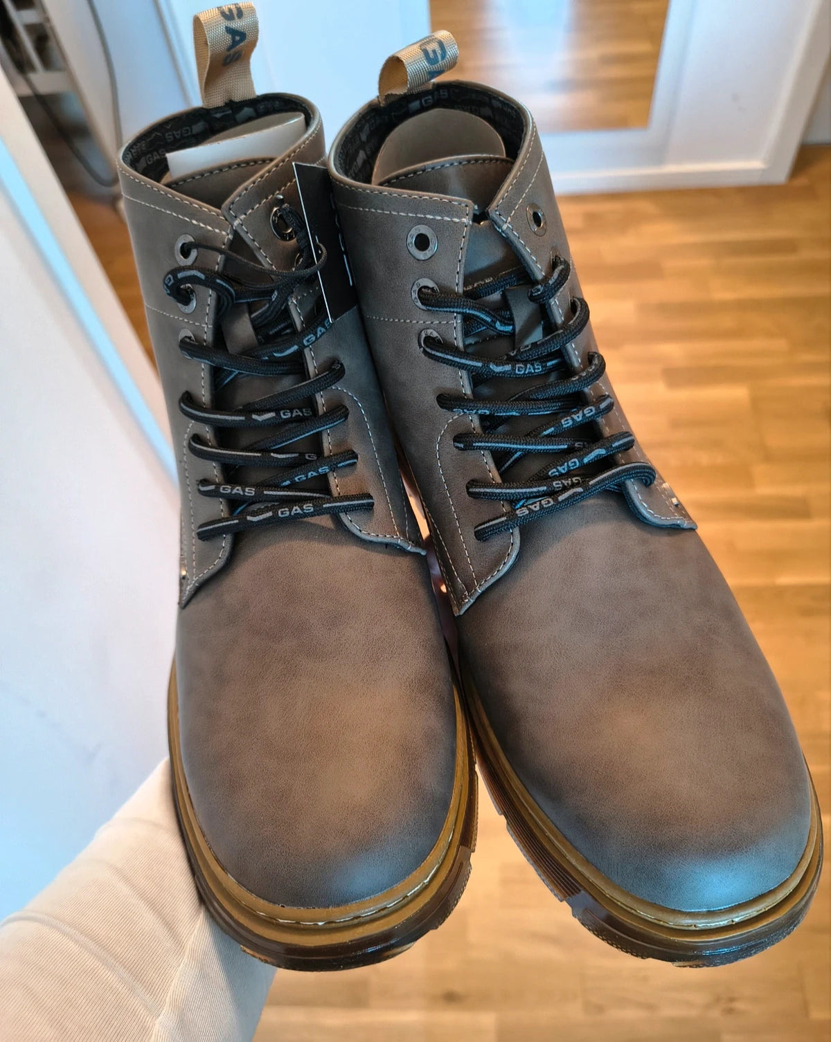 GAS grey desert boots with black laces, textured surface, and contrasting stitching details.