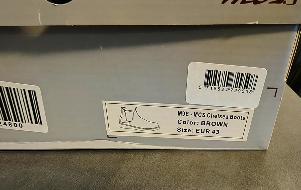 MCS brown winter Chelsea boots, leather-look, elastic side panels, decorative contrast stitching.