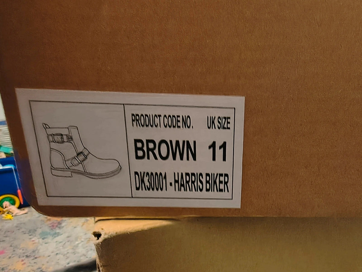 Deakins brown biker boots with antique metal buckles and side zipper, robust leather look.