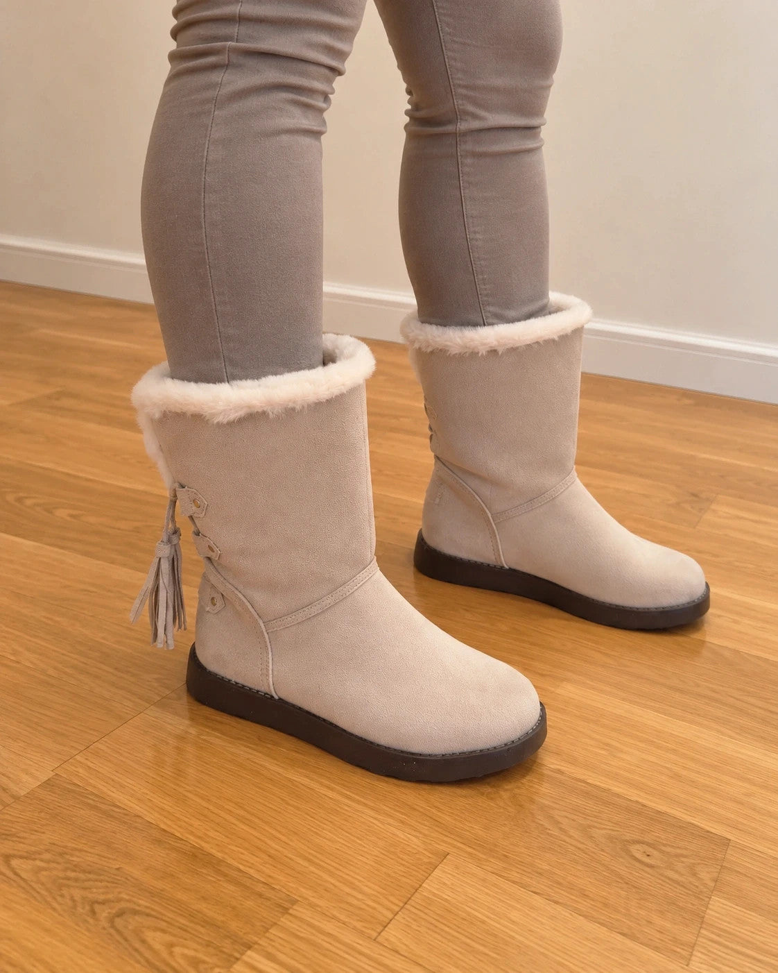 ambellis cream winter boots soft suede fluffy trim decorative tassels