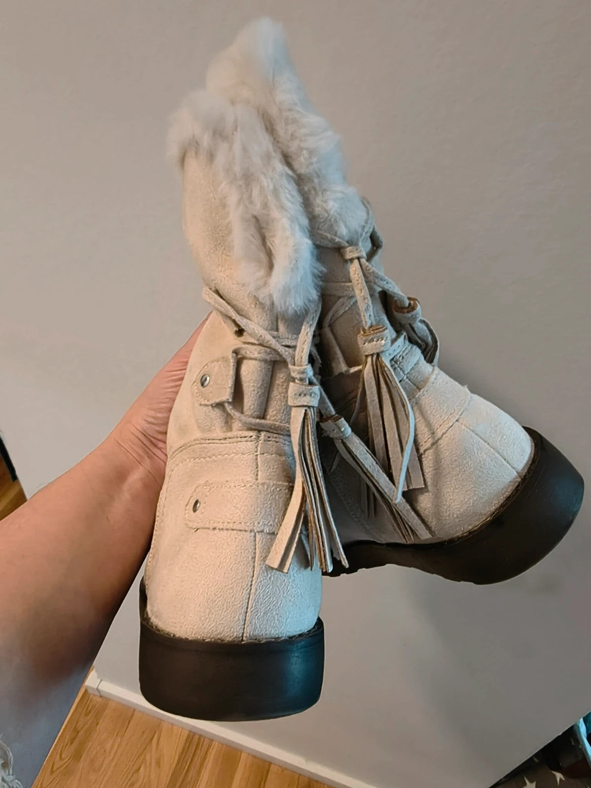 ambellis cream winter boots soft suede fluffy trim decorative tassels