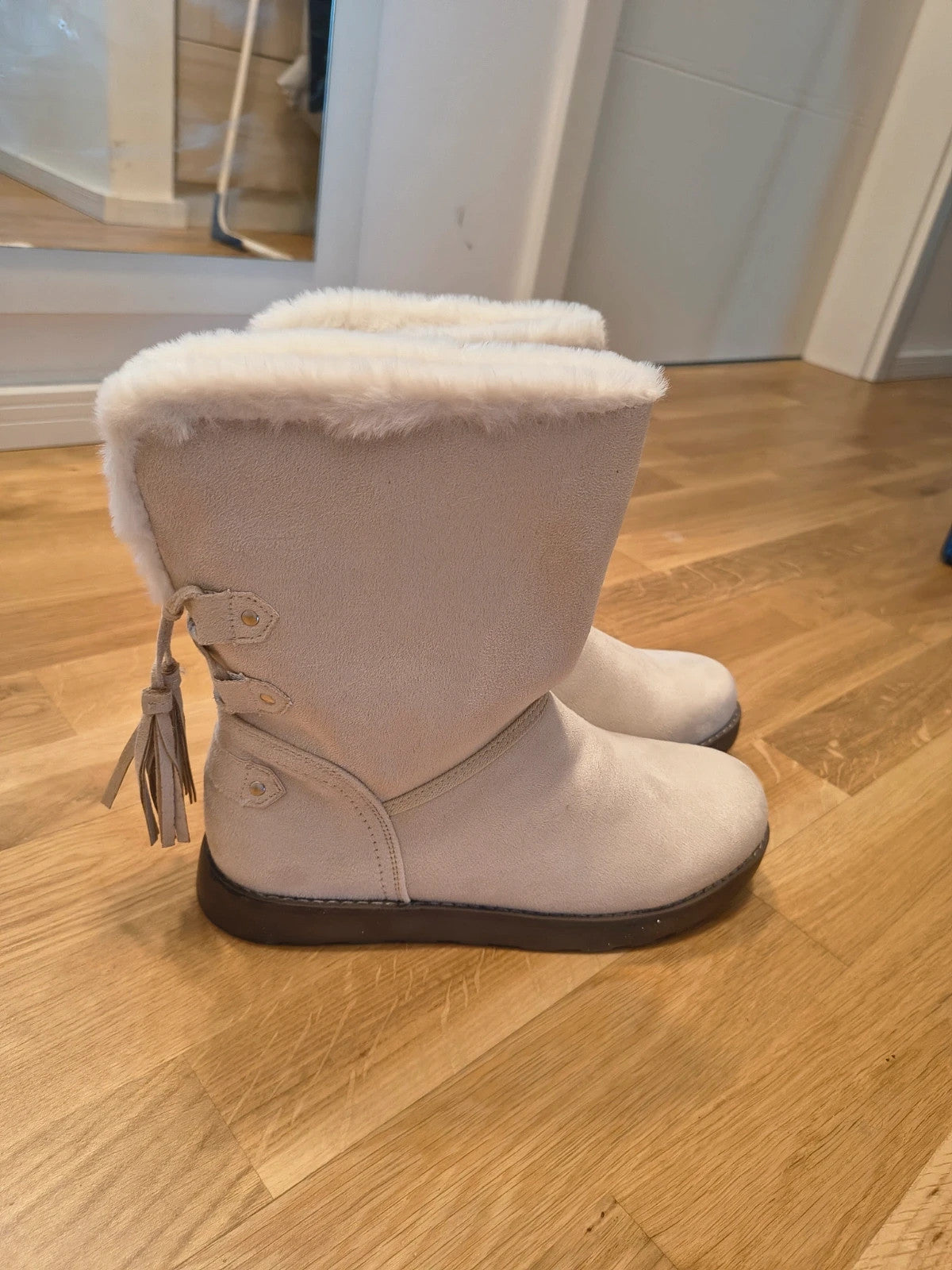 ambellis cream winter boots soft suede fluffy trim decorative tassels