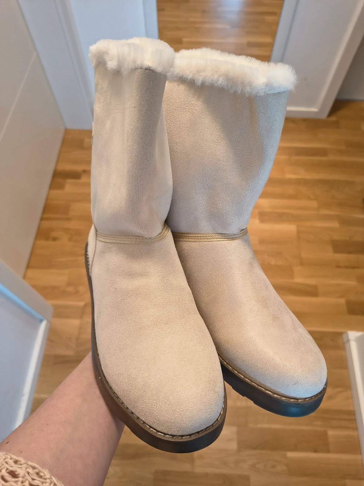 ambellis cream winter boots soft suede fluffy trim decorative tassels