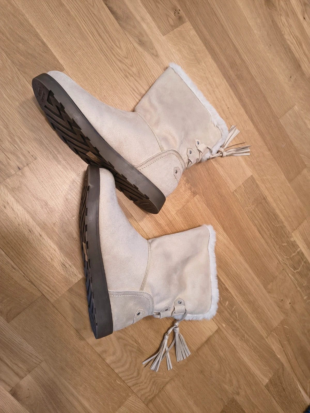 ambellis cream winter boots soft suede fluffy trim decorative tassels