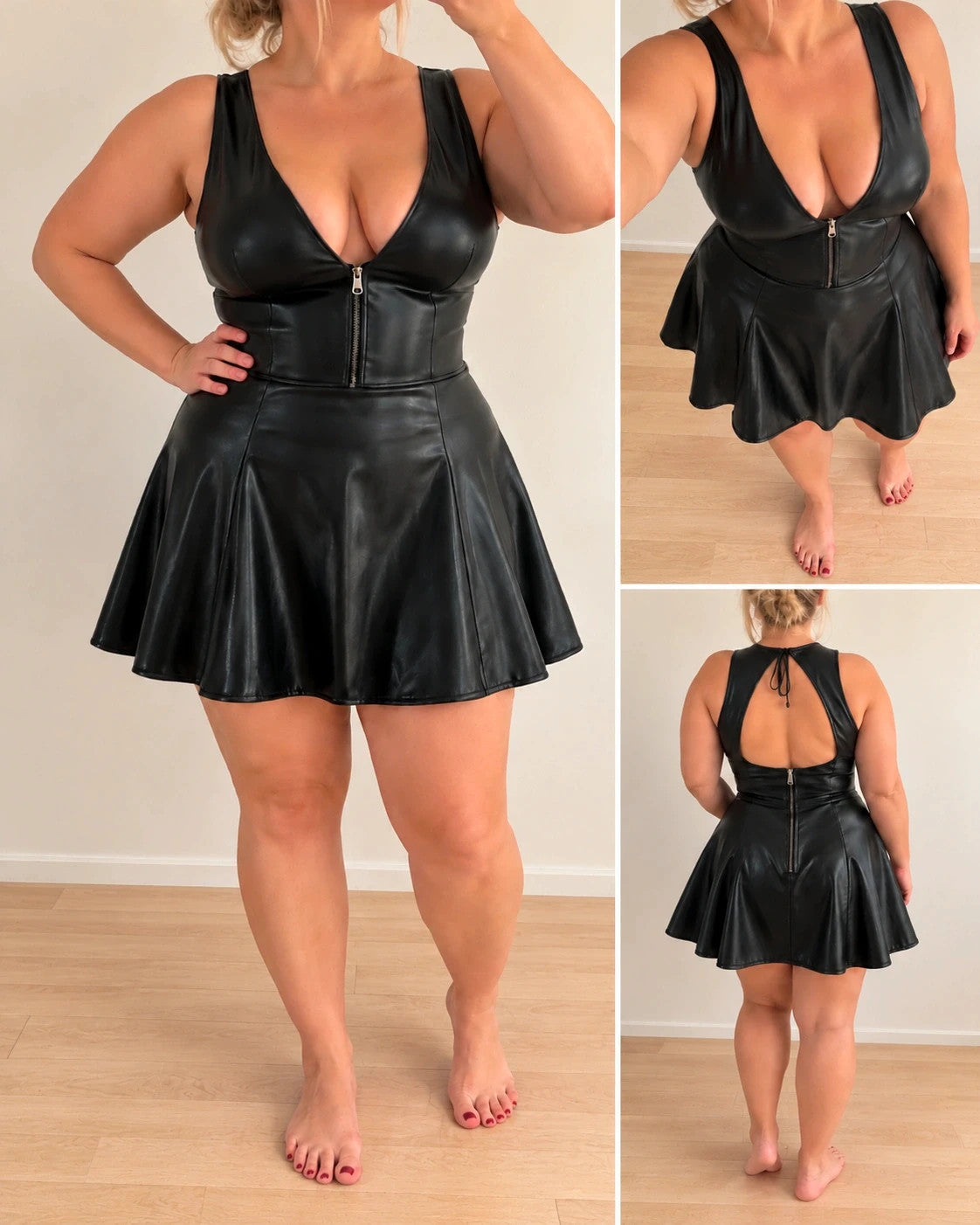 XXL black bandage dress matte leather look deep V-neck zip front skater style
