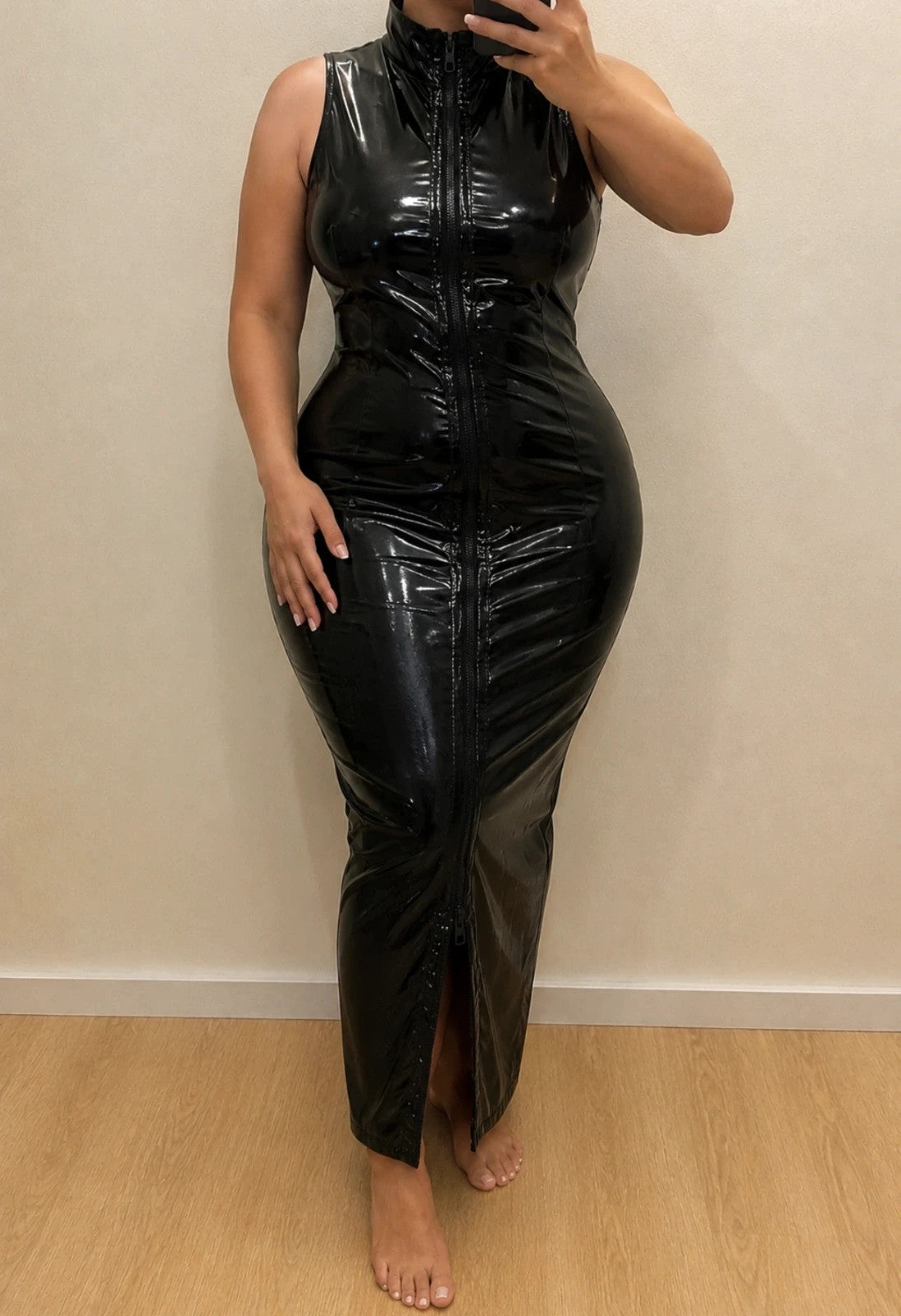 Nes black linen maxi dress, sleeveless, glossy wet-look finish, high collar, front zipper.