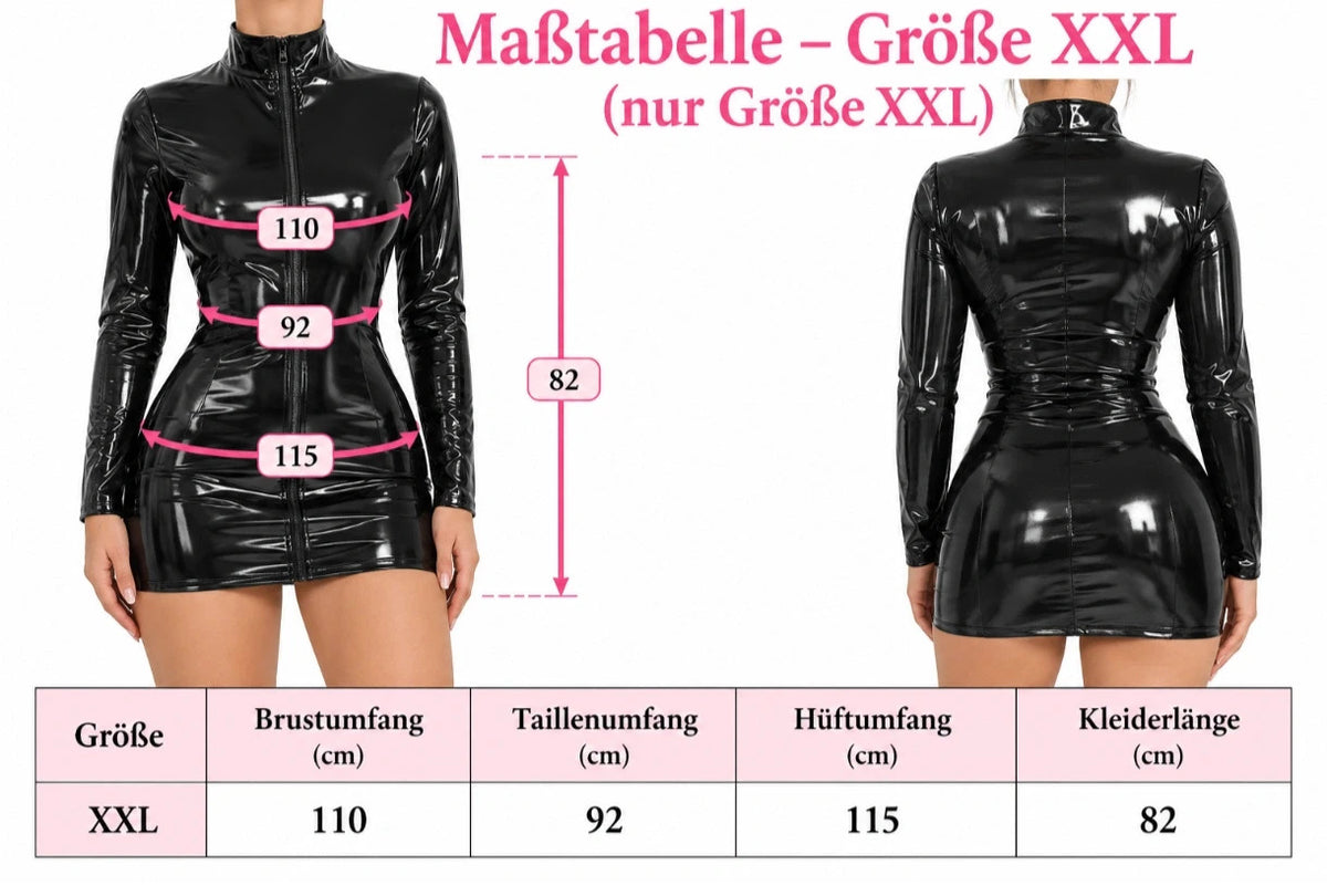 XXL black bandage dress glossy wetlook finish with standing collar and front zipper.