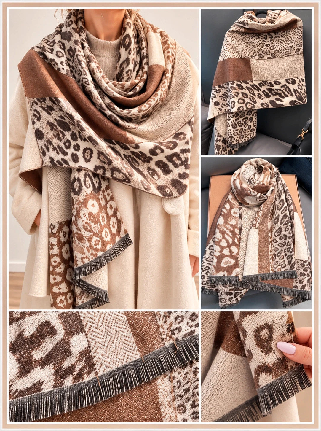 Braun shawl beige brown leopard print soft reversible polyester fabric