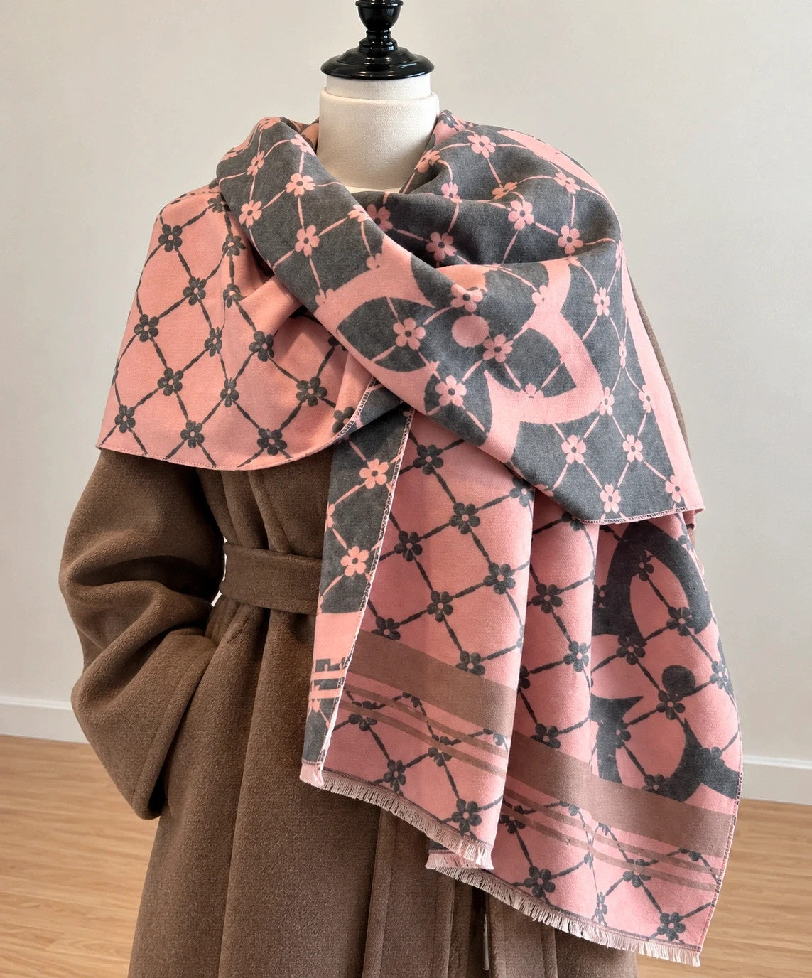 Nes grey pink shawl floral pattern reversible soft polyester fabric