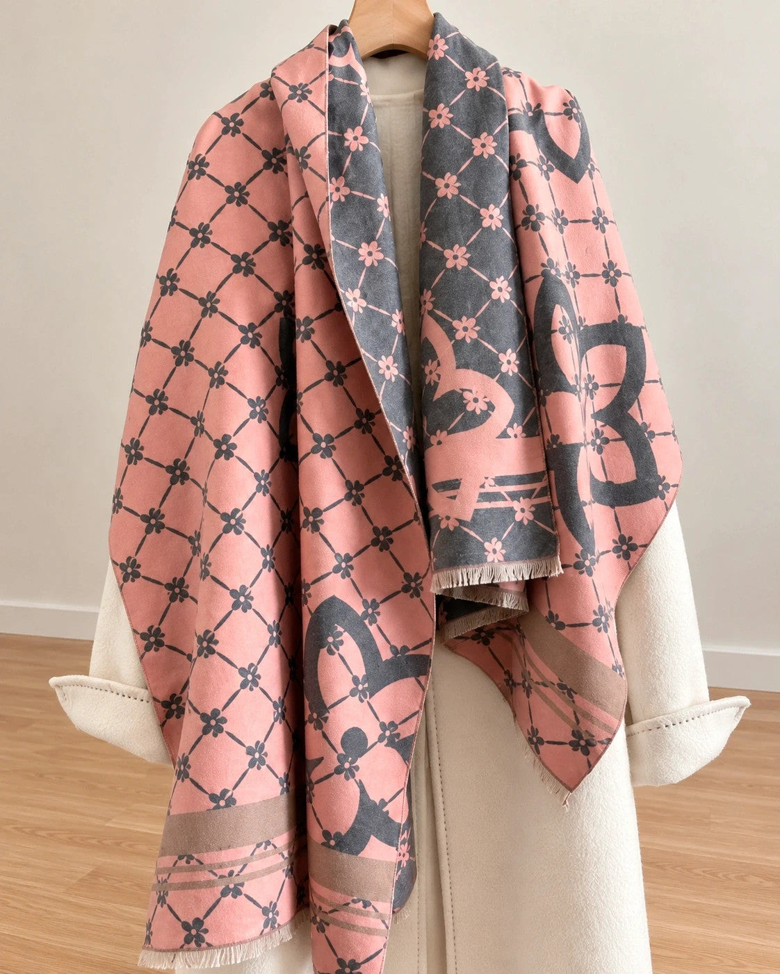 Nes grey pink shawl floral pattern reversible soft polyester fabric