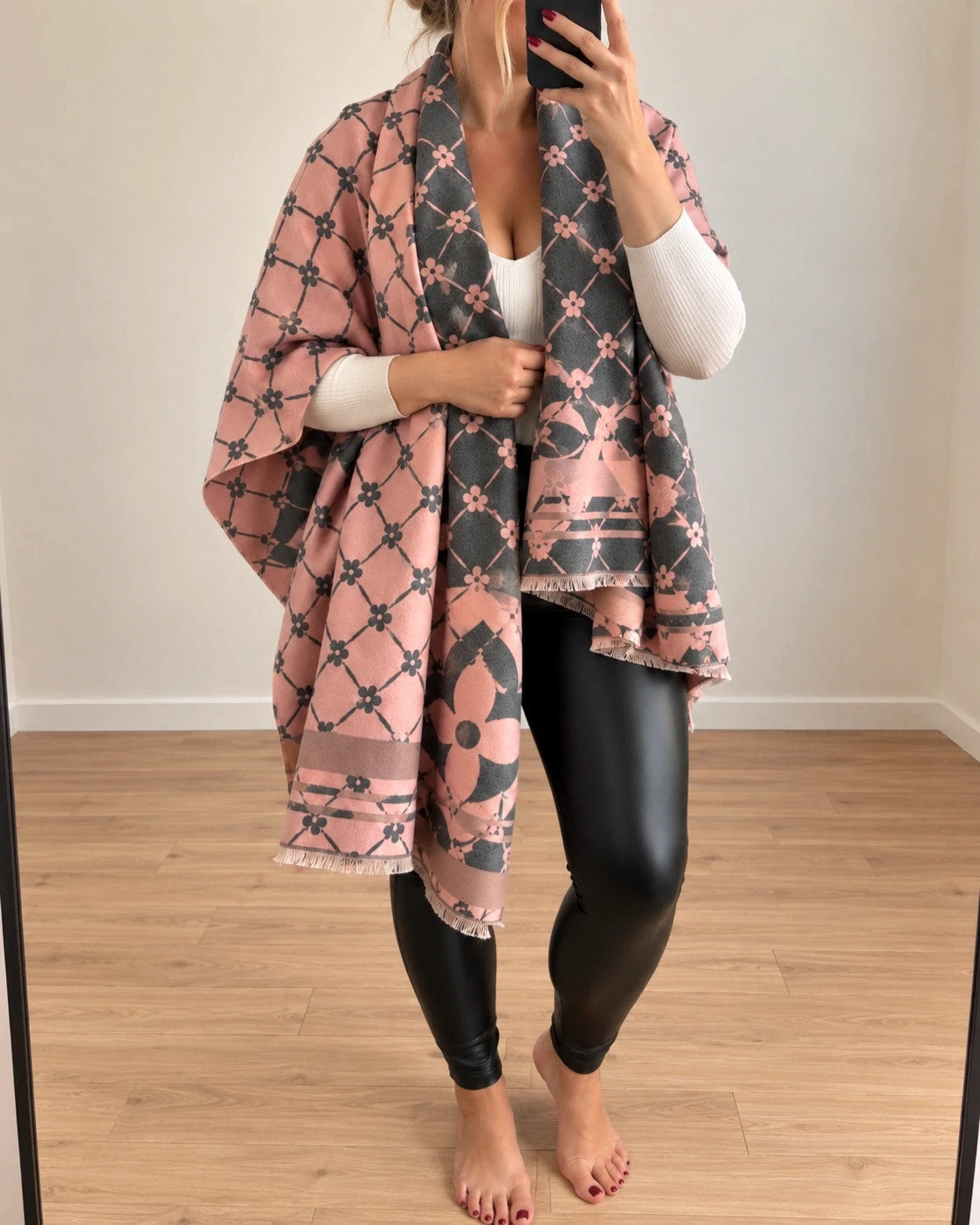 Nes grey pink shawl floral pattern reversible soft polyester fabric