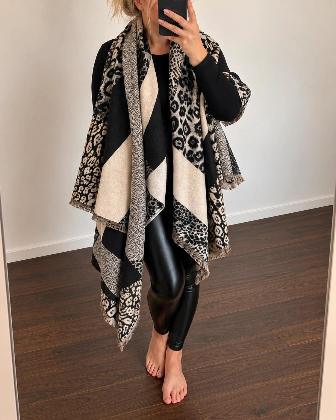 XXL shawl black cream leopard print geometric patterns soft polyester fabric
