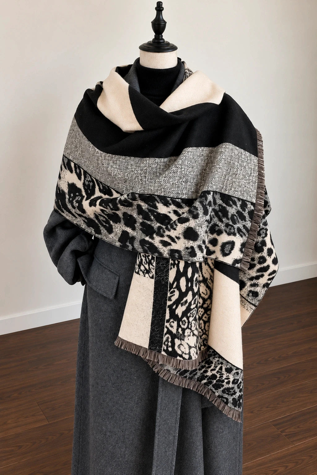XXL shawl black cream leopard print geometric patterns soft polyester fabric