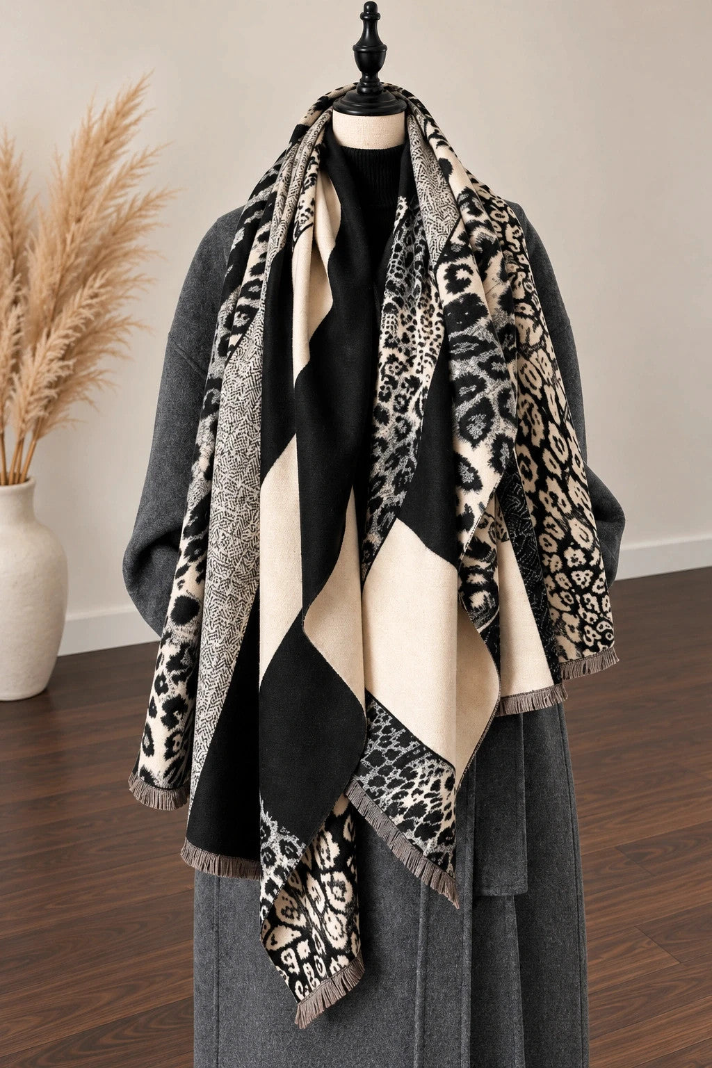 XXL shawl black cream leopard print geometric patterns soft polyester fabric