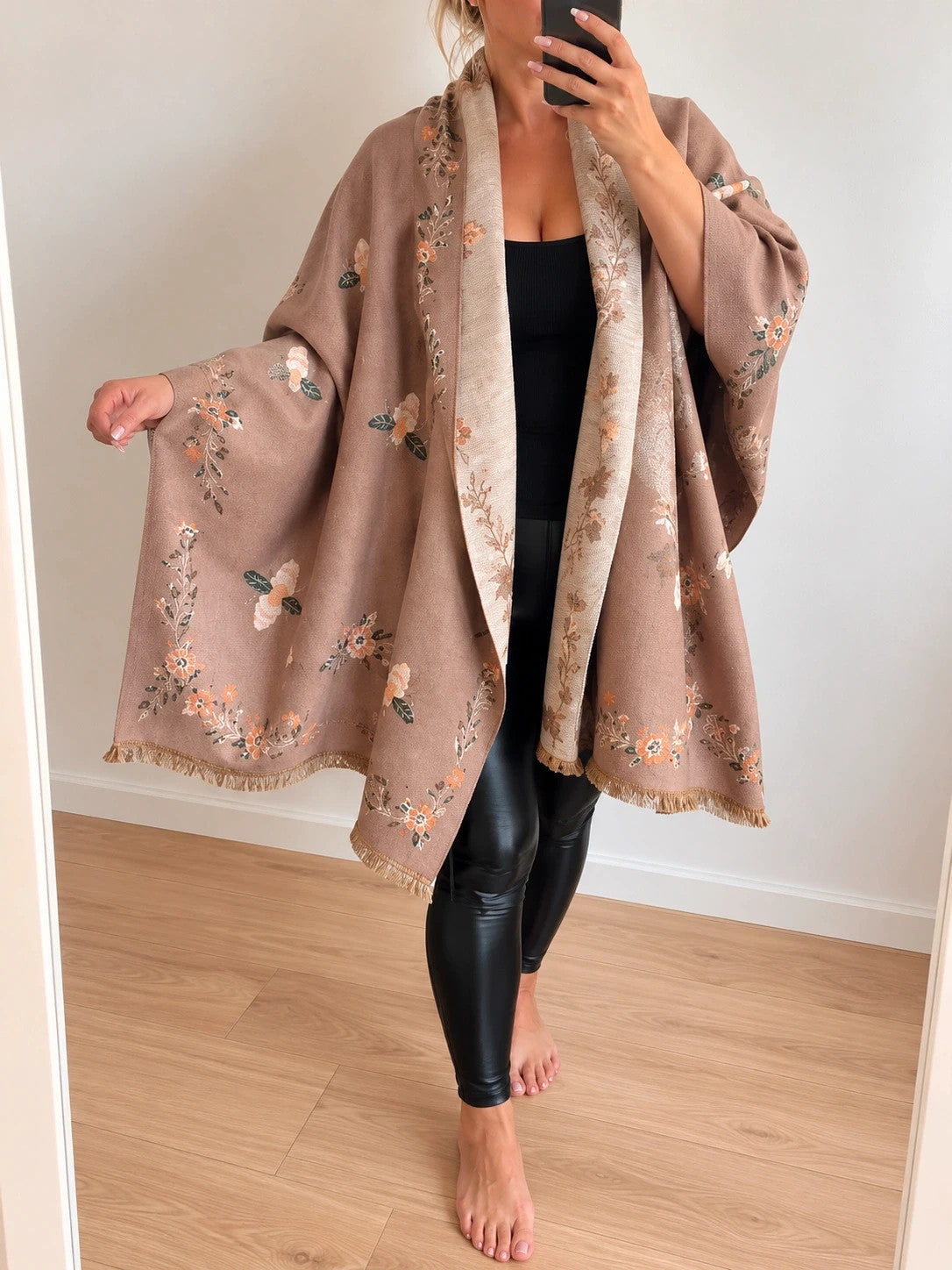 beige shawl beige and cream reversible with bee and flower pattern