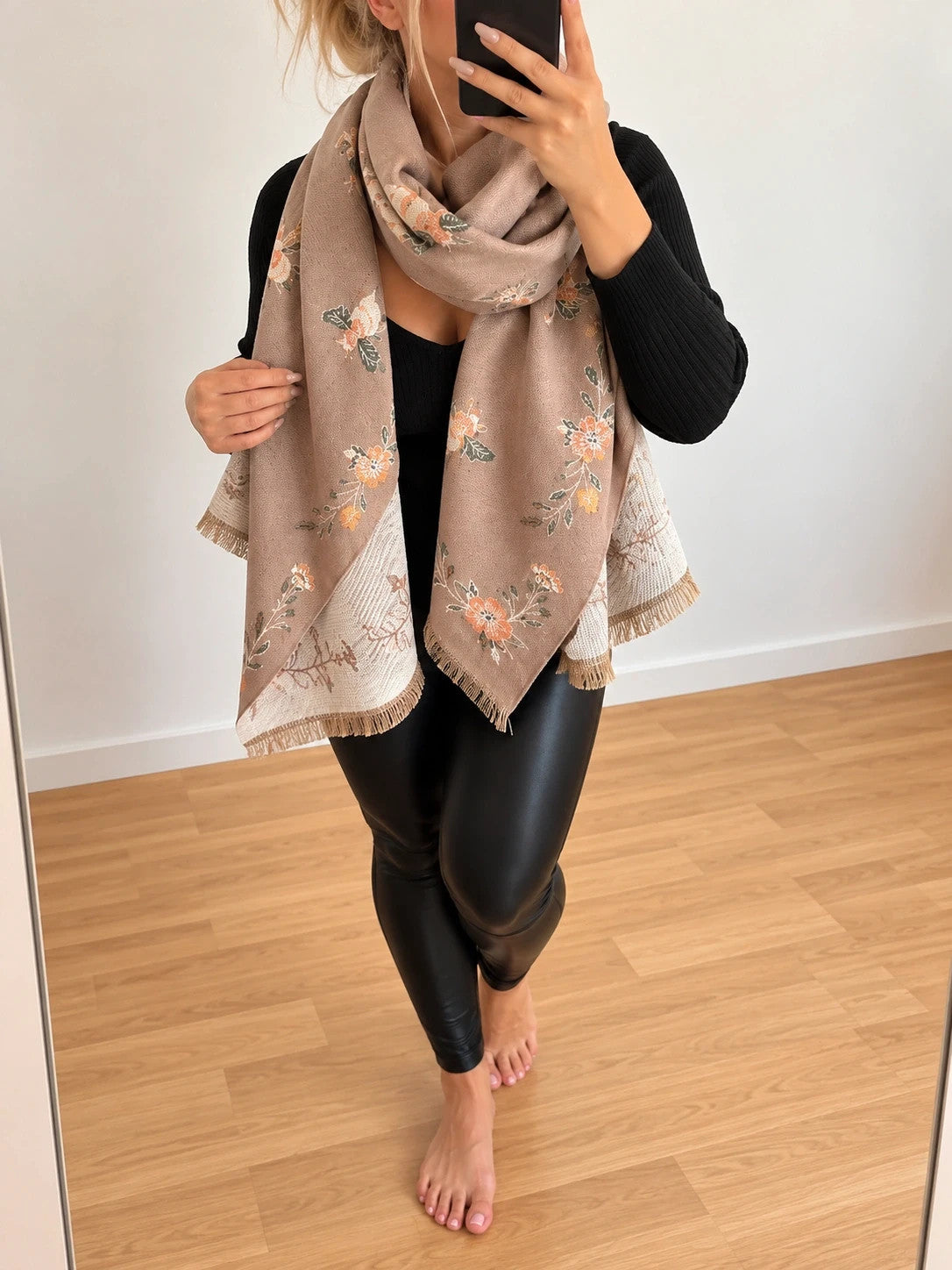 beige shawl beige and cream reversible with bee and flower pattern
