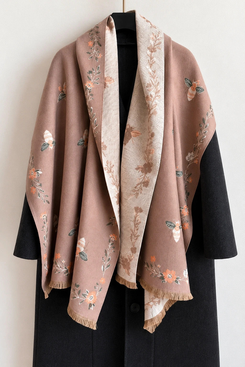 beige shawl beige and cream reversible with bee and flower pattern