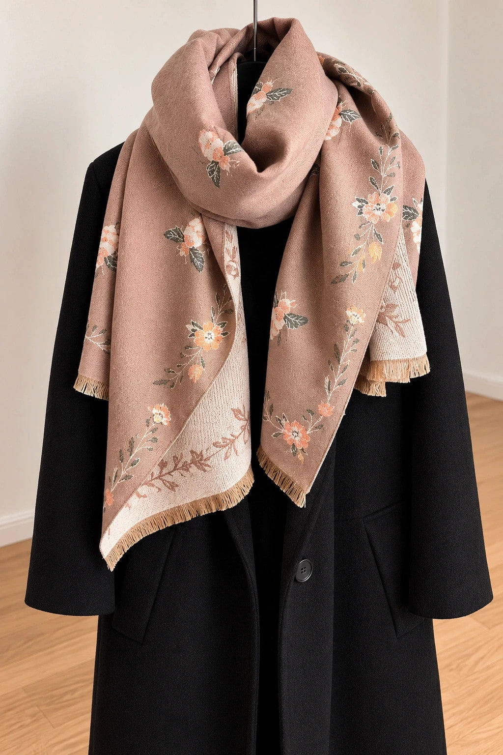 beige shawl beige and cream reversible with bee and flower pattern