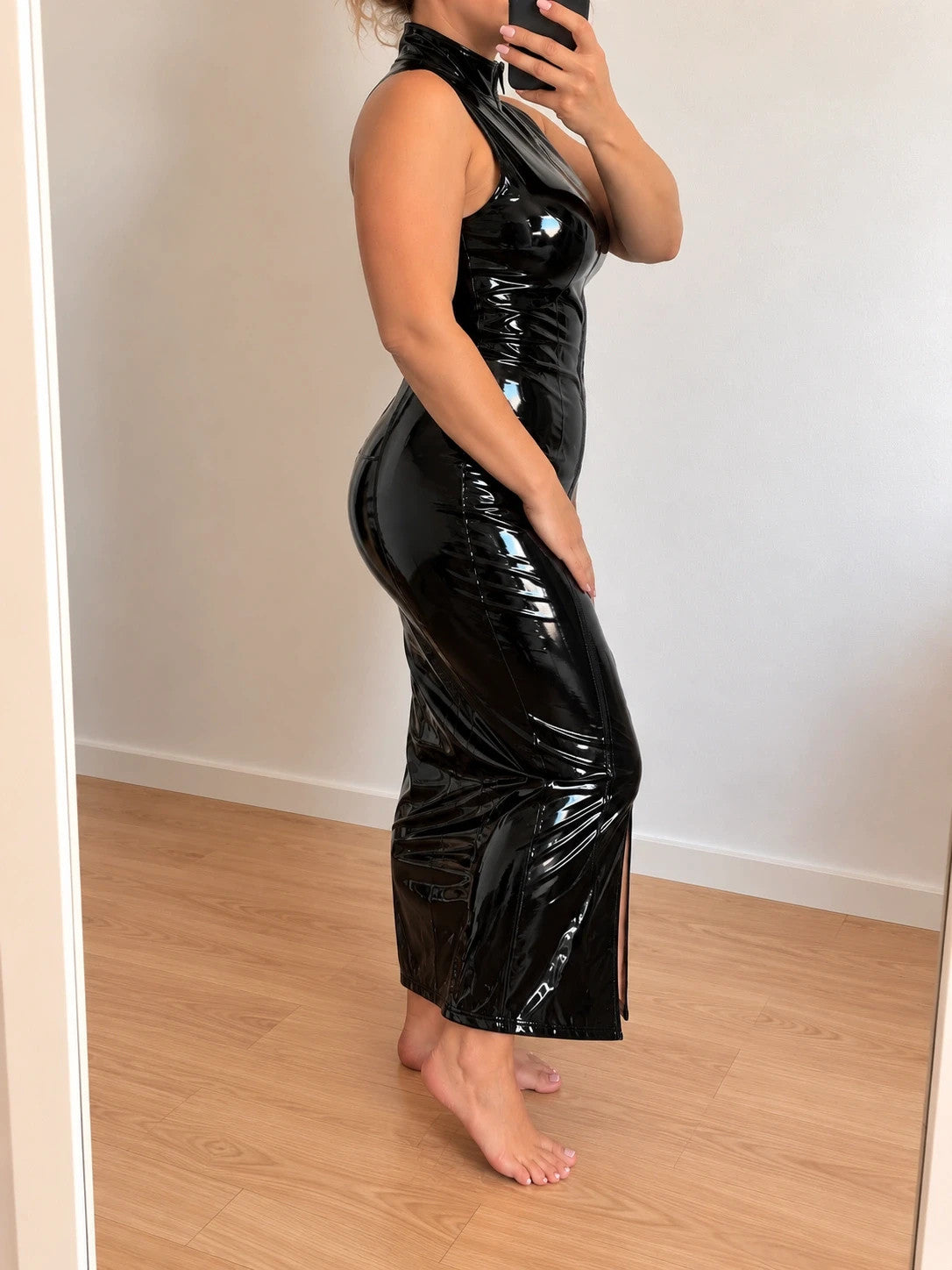 Nes black linen maxi dress, sleeveless, glossy wetlook, high collar, front zipper detail.