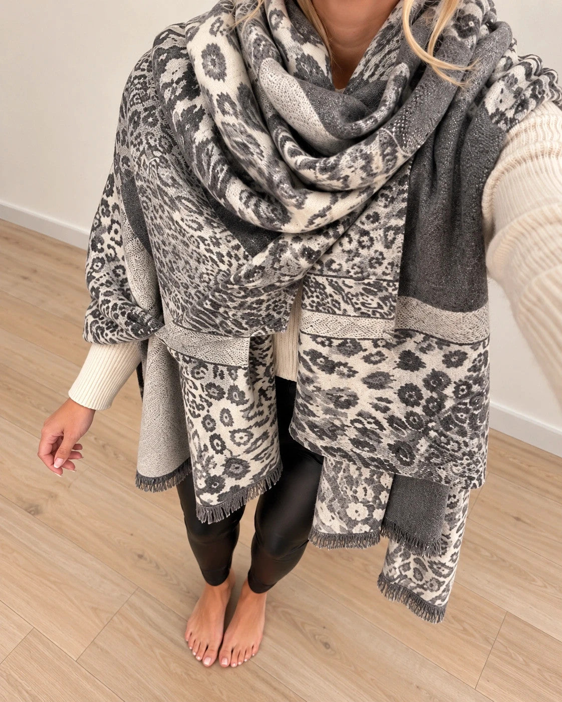 XXL shawl cream grey leopard floral pattern soft polyester with fringed edges