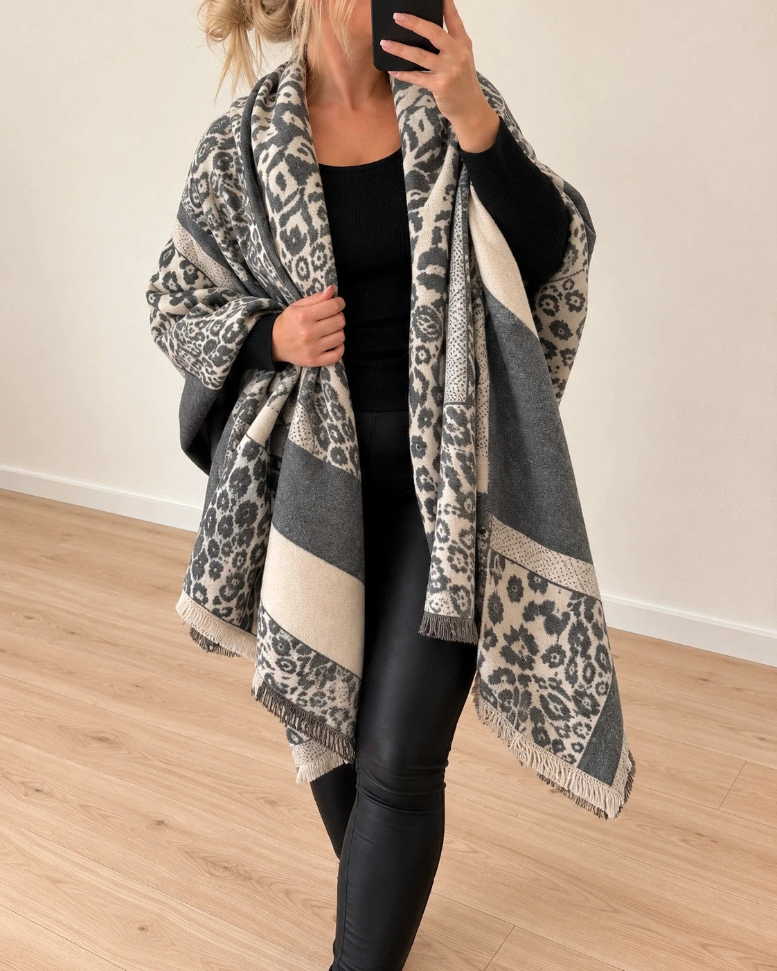 XXL shawl cream grey leopard floral pattern soft polyester with fringed edges