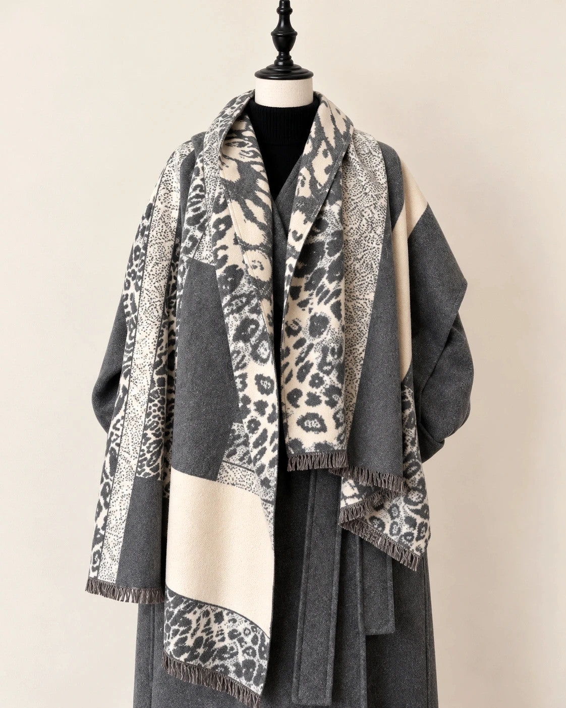 XXL shawl cream grey leopard floral pattern soft polyester with fringed edges