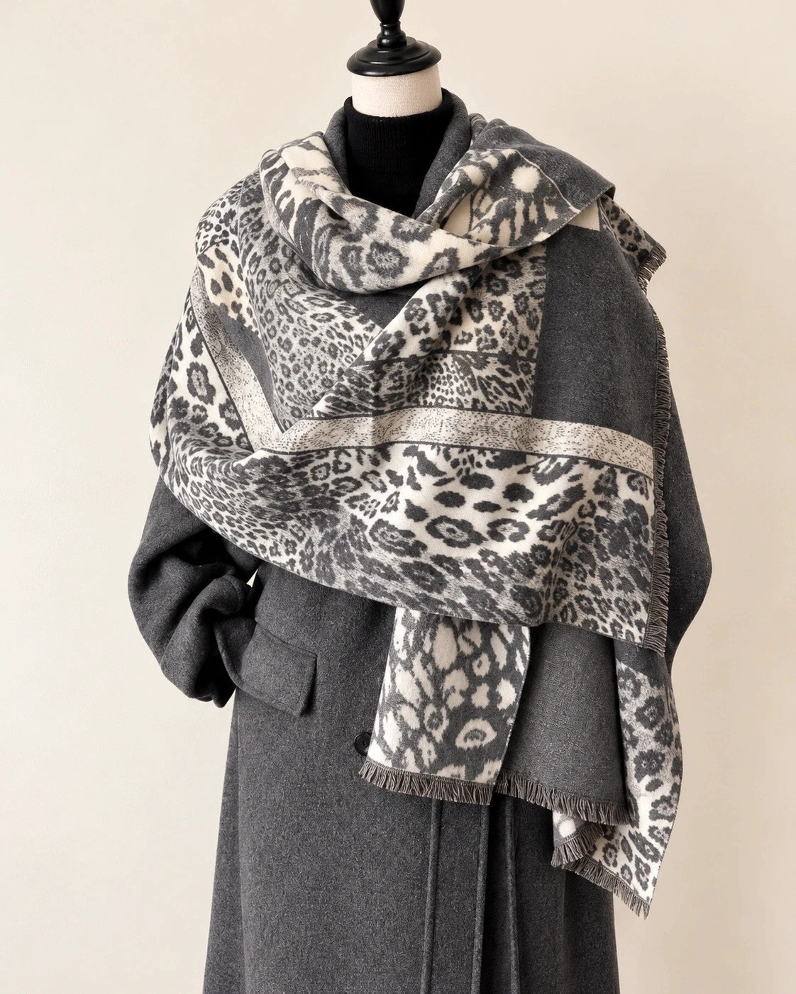 XXL shawl cream grey leopard floral pattern soft polyester with fringed edges