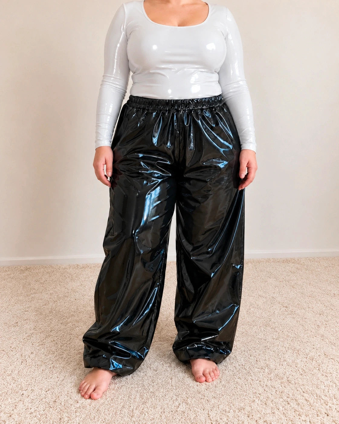 L'ange black joggers high-gloss wetlook finish with elastic waistband and loose fit