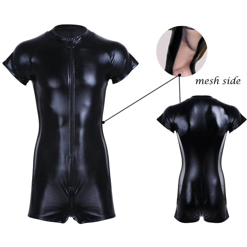 Lack Herren Bodysuit Radler Ärmellos Latex-Optik Herren matt mit Netz