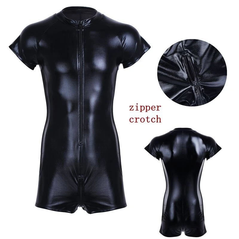 Lack Herren Bodysuit Radler Ärmellos Latex-Optik Herren matt mit Netz