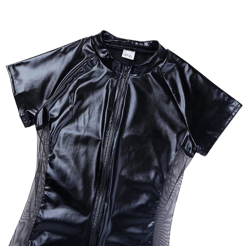 Lack Herren Bodysuit Radler Ärmellos Latex-Optik Herren matt mit Netz
