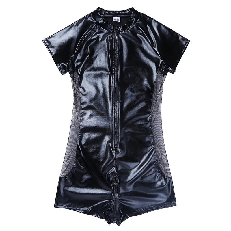 Lack Herren Bodysuit Radler Ärmellos Latex-Optik Herren matt mit Netz