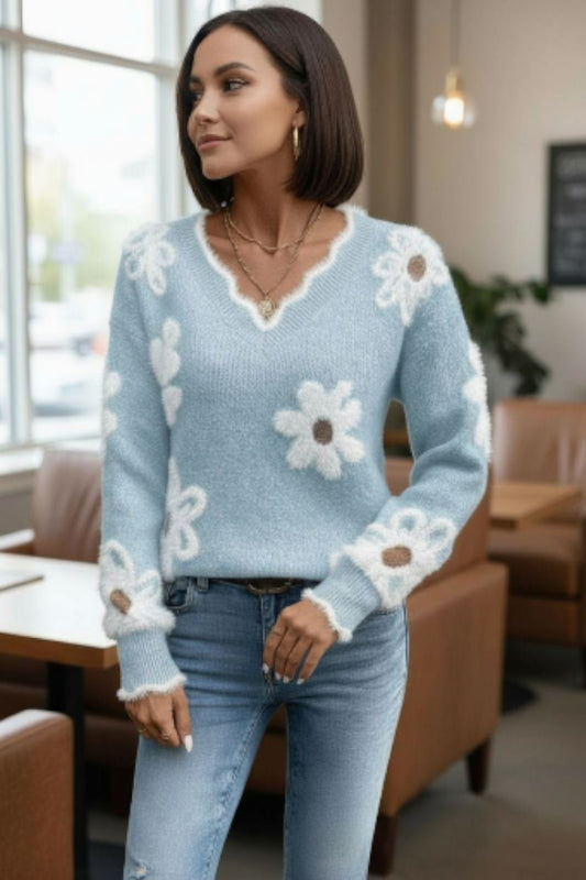 Sweater Pulli Damen Lässig Blumen V-Ausschnitt Langarm Pullover Herbst/Winter